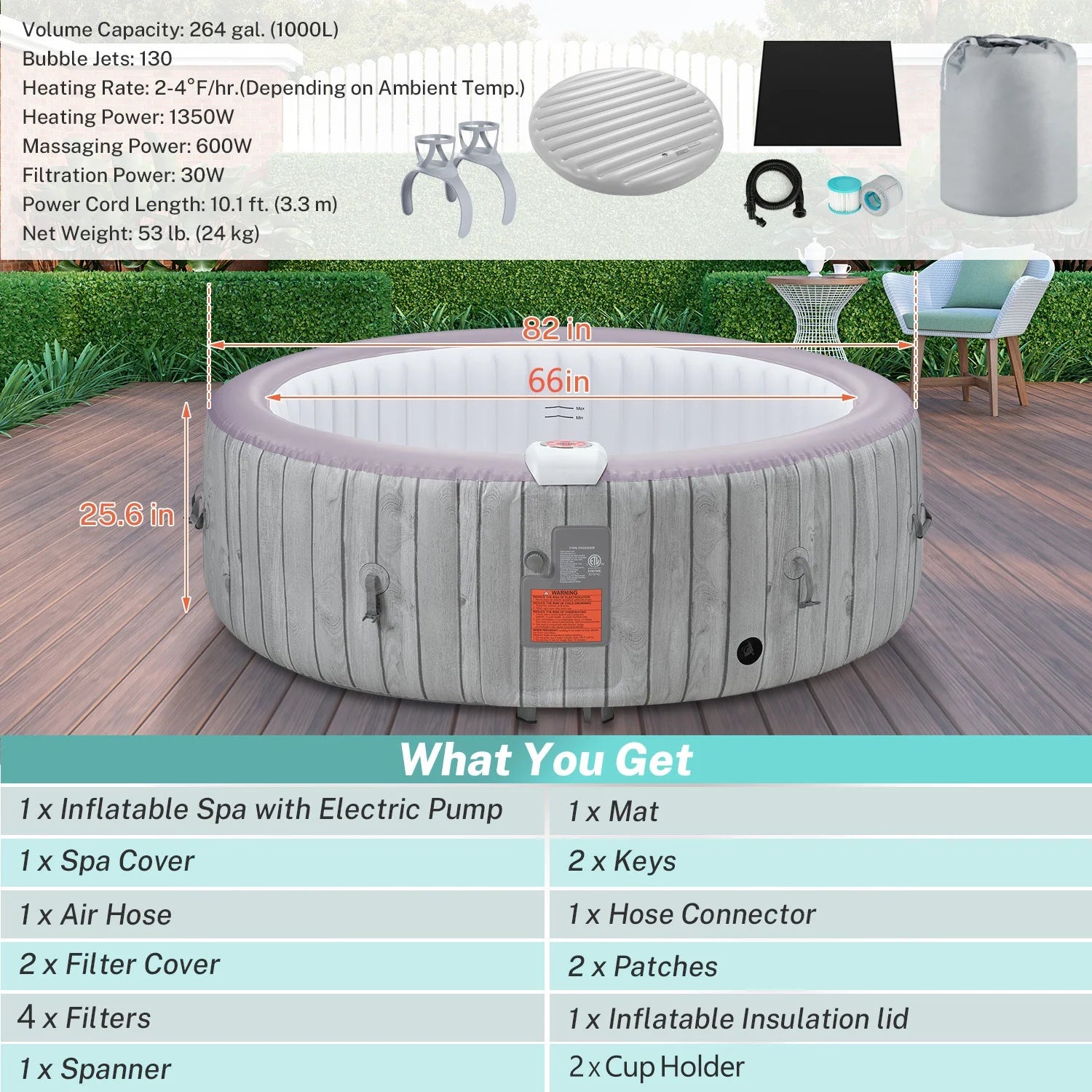 Hot Tub with Cup Holder, Outdoor Inflatable Home Spa, All-In-One Hot Tub W/Hidden Pump, 4 Filters, 82'' round Portable Pool for 6 Person W/130Pcs Jets
