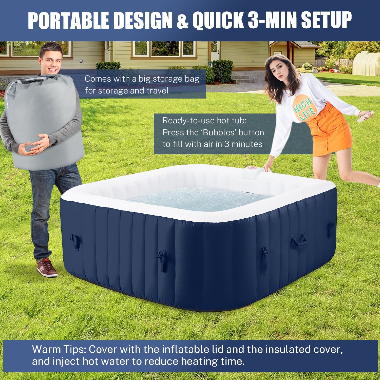73'' X 73'' Inflatable Hot Tub Portable, Outdoor Massage Jets Home Spa Tub, Multifunction Hidden Pump, Cover, Storage Bag, Floor Mat, 4 Filters, 2 Cup Holder, Max 104℉, 910L