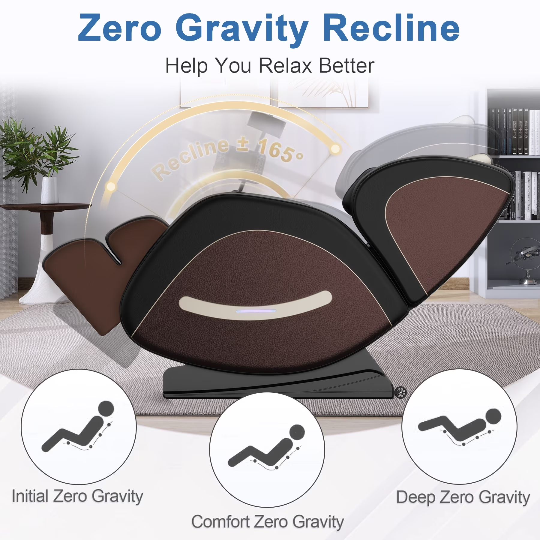 Full Body Massage Chair Recliner with Zero Gravity, Leather Massage Chair with Air Pressure, 8 Massage Fix Rollers, Heating, Airbag, Bluetooth, Retractable Footrest for Relaxion, Brown+Black