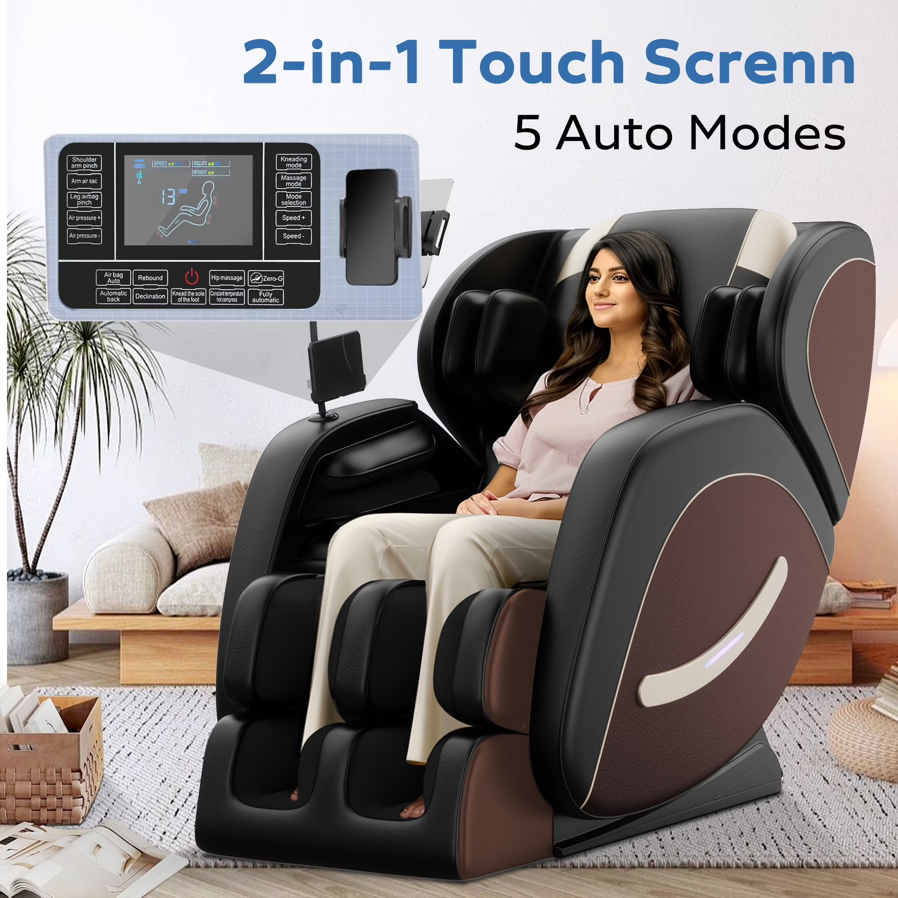 Full Body Massage Chair Recliner with Zero Gravity, Leather Massage Chair with Air Pressure, 8 Massage Fix Rollers, Heating, Airbag, Bluetooth, Retractable Footrest for Relaxion, Brown+Black