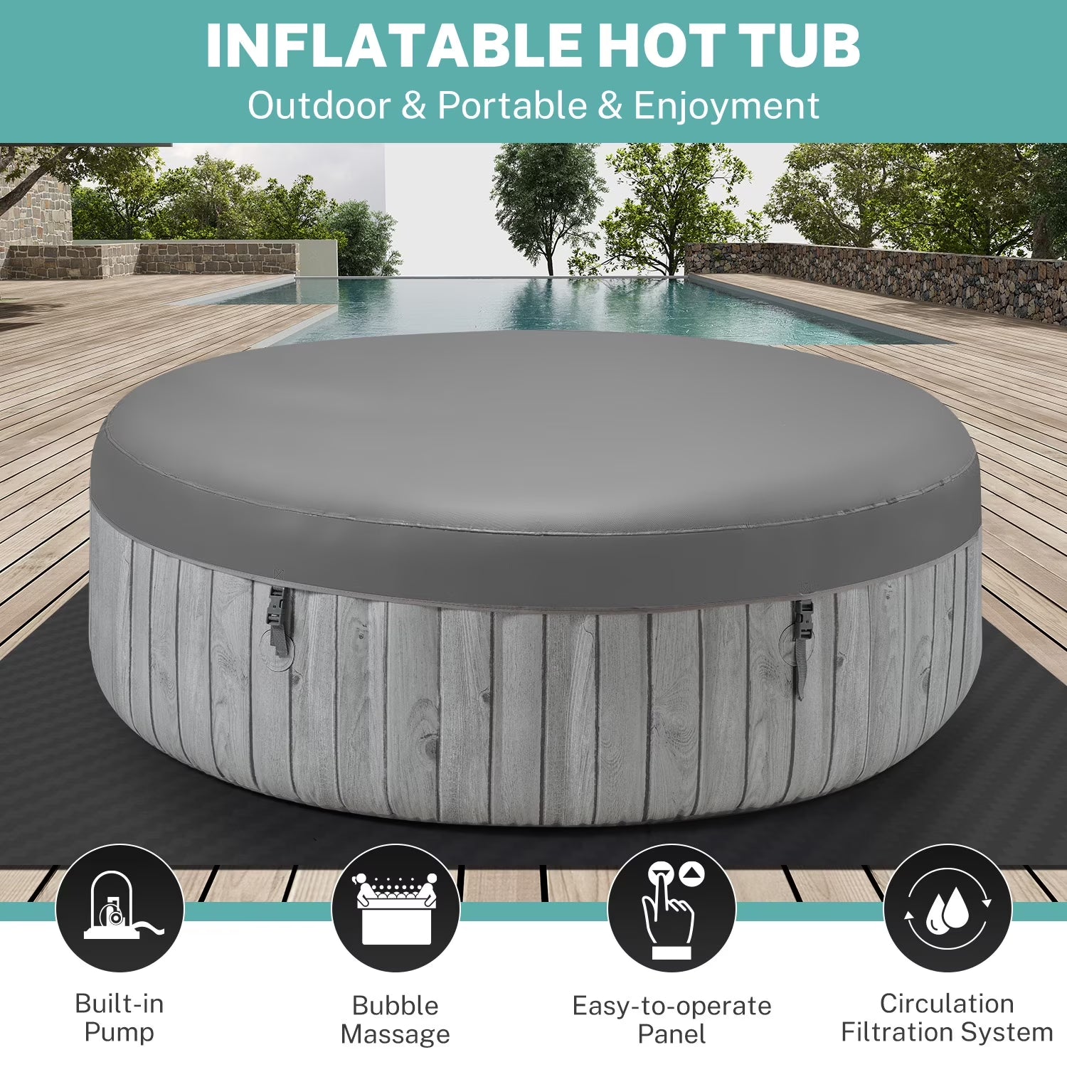 Hot Tub with Cup Holder, Outdoor Inflatable Home Spa, All-In-One Hot Tub W/Hidden Pump, 4 Filters, 82'' round Portable Pool for 6 Person W/130Pcs Jets
