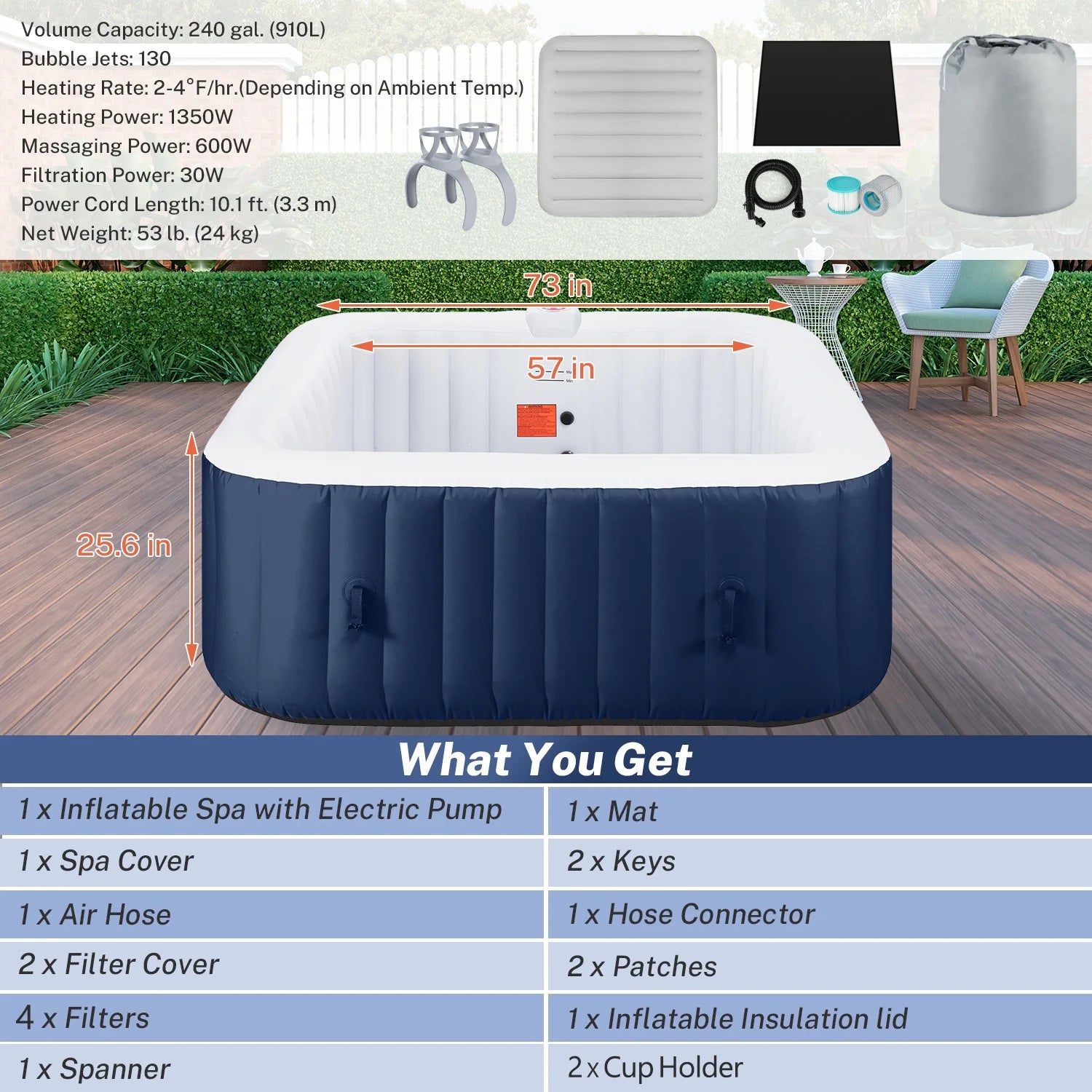 73'' X 73'' Inflatable Hot Tub Portable, Outdoor Massage Jets Home Spa Tub, Multifunction Hidden Pump, Cover, Storage Bag, Floor Mat, 4 Filters, 2 Cup Holder, Max 104℉, 910L