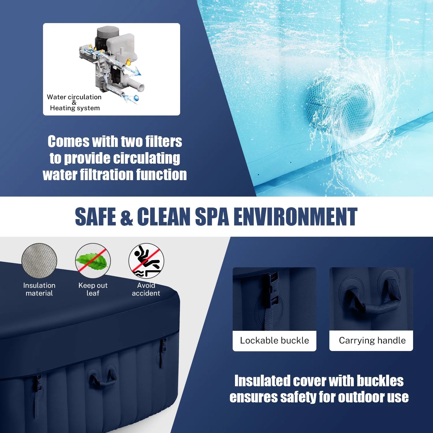 73'' X 73'' Inflatable Hot Tub Portable, Outdoor Massage Jets Home Spa Tub, Multifunction Hidden Pump, Cover, Storage Bag, Floor Mat, 4 Filters, 2 Cup Holder, Max 104℉, 910L