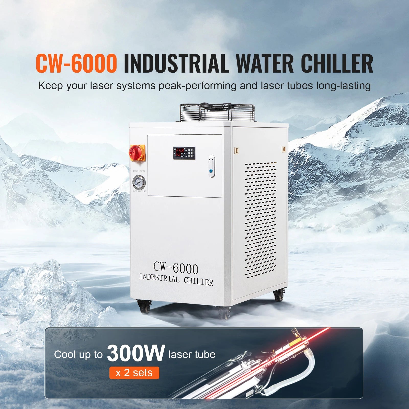Industrial Water Chiller CW6000 1500W Cooling System with Compressor 65 L/Min Max Flow Rate for Laser Engraving Machine